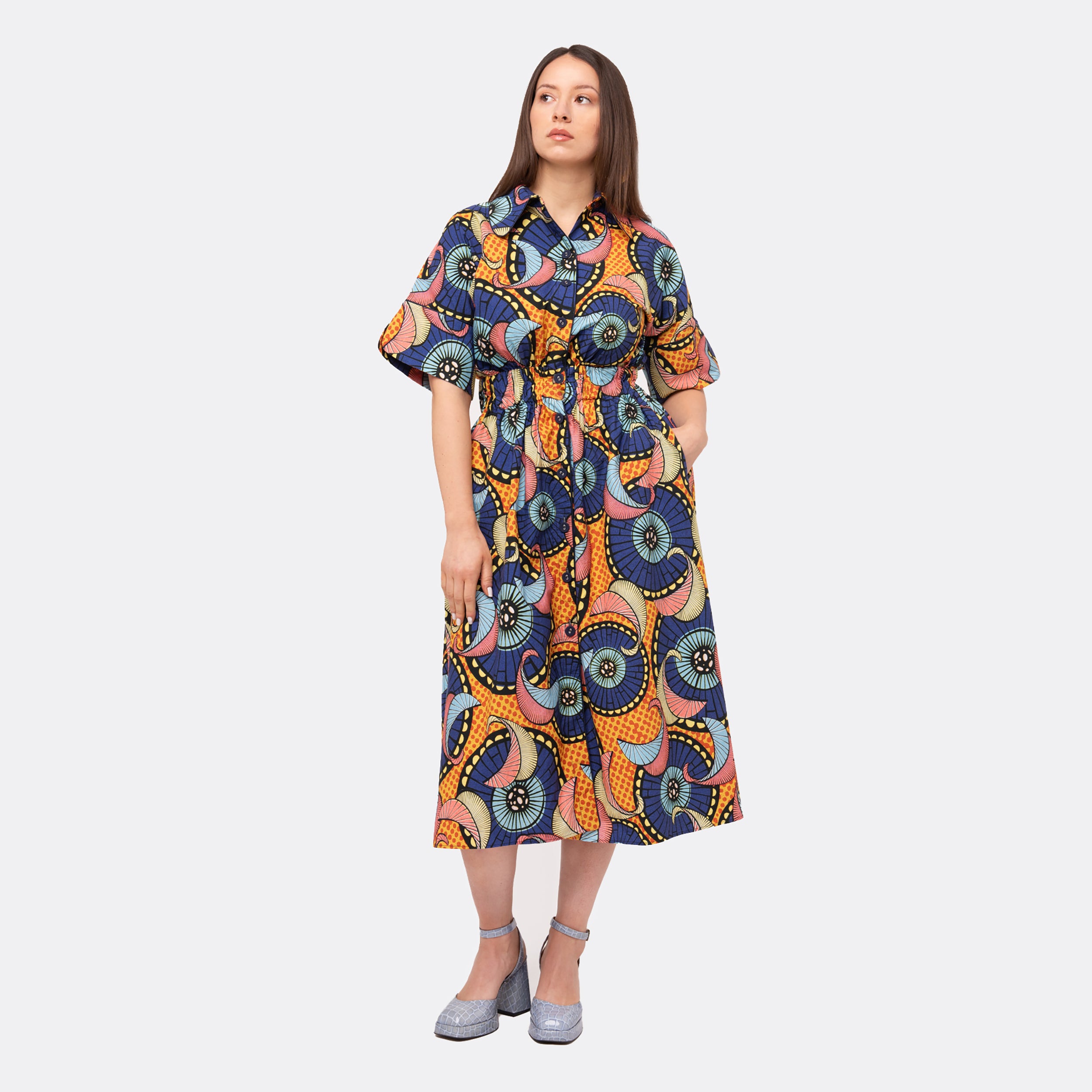 Shirt Dress with Kimono Sleeves in Printed Wax Orange and Blue Pinwheels