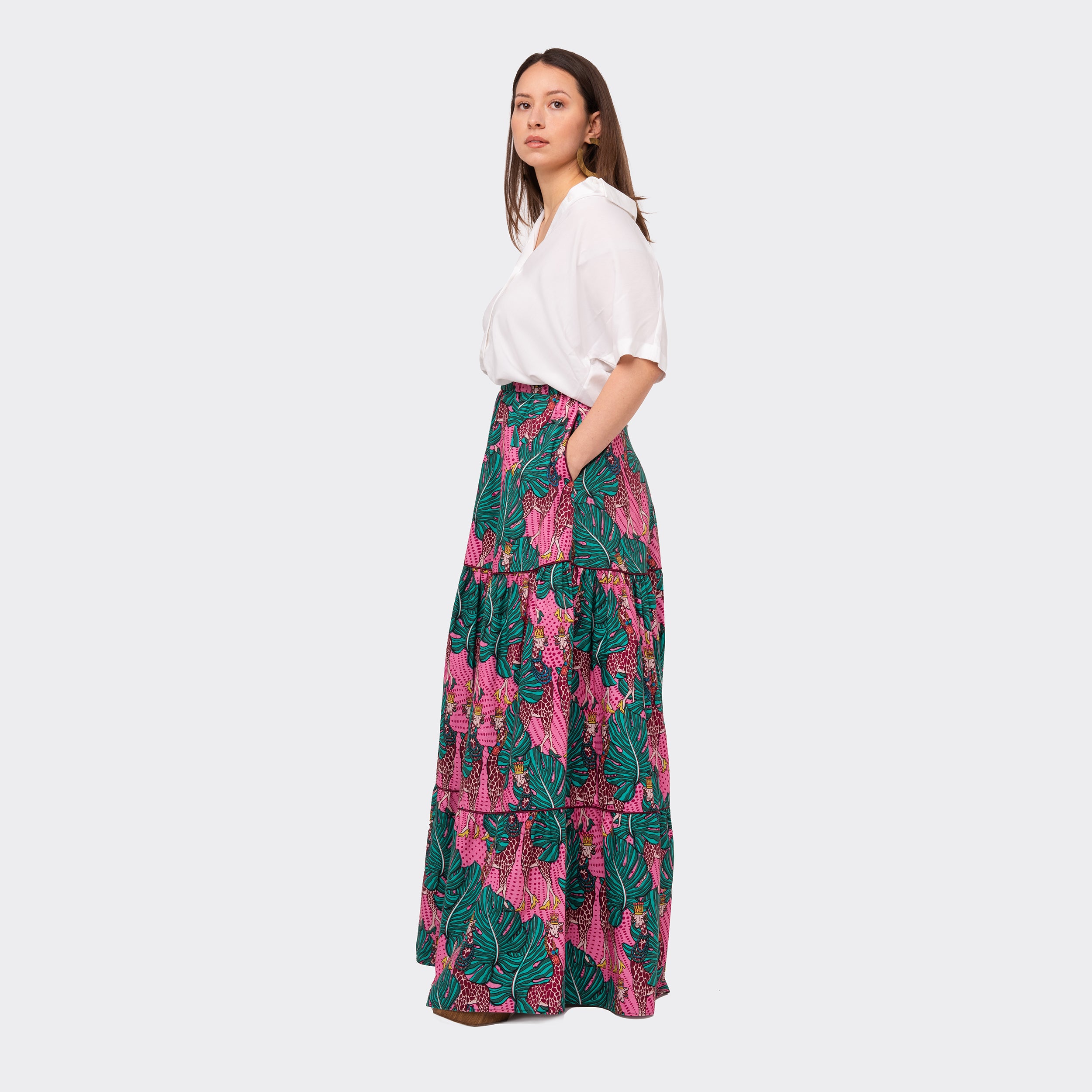 Double-Flounced Maxi Skirt Pink Giraffes