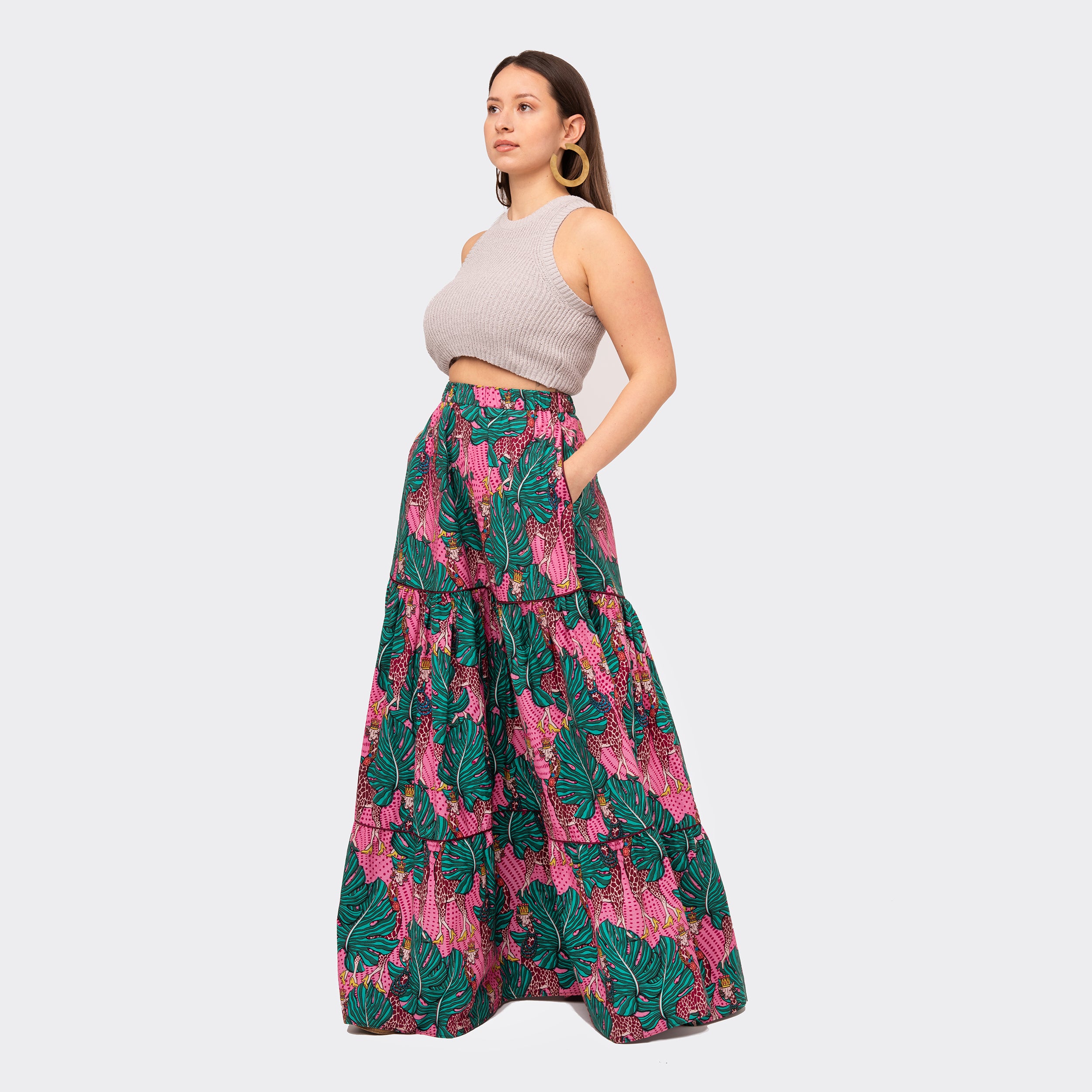 Double-Flounced Maxi Skirt Pink Giraffes