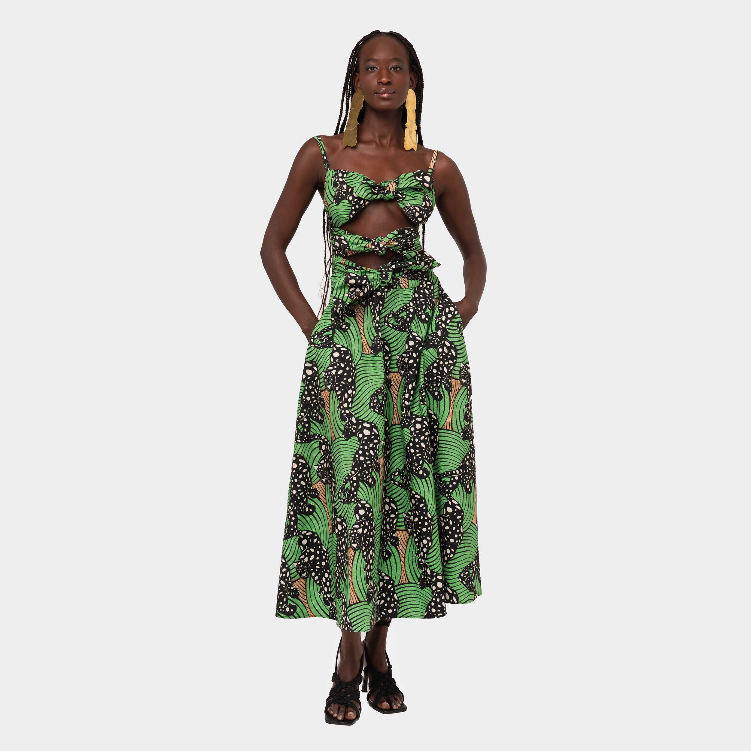 Midi Dress with Bows Green Leopard