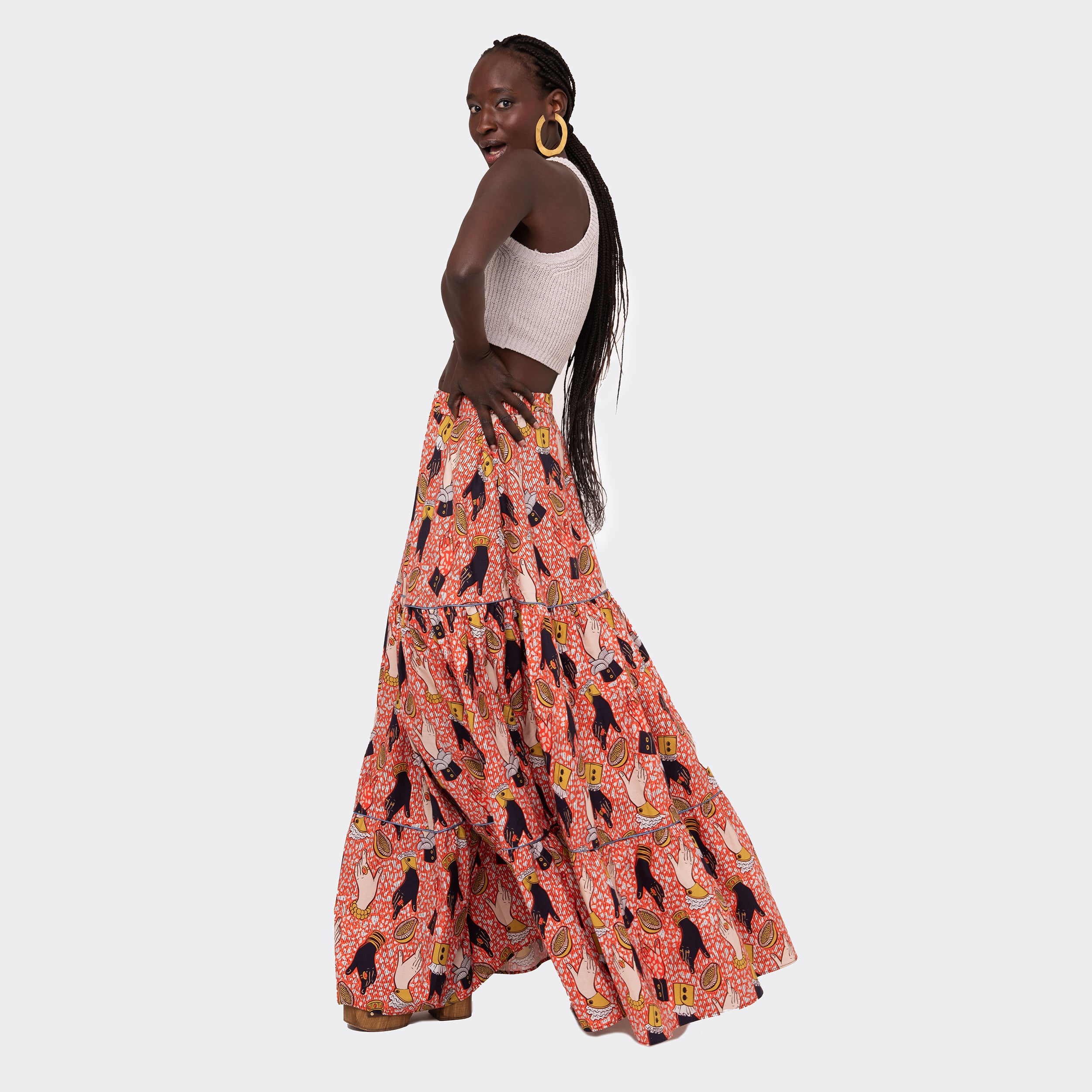 Double-Flounced Maxi Skirt Orange Hands