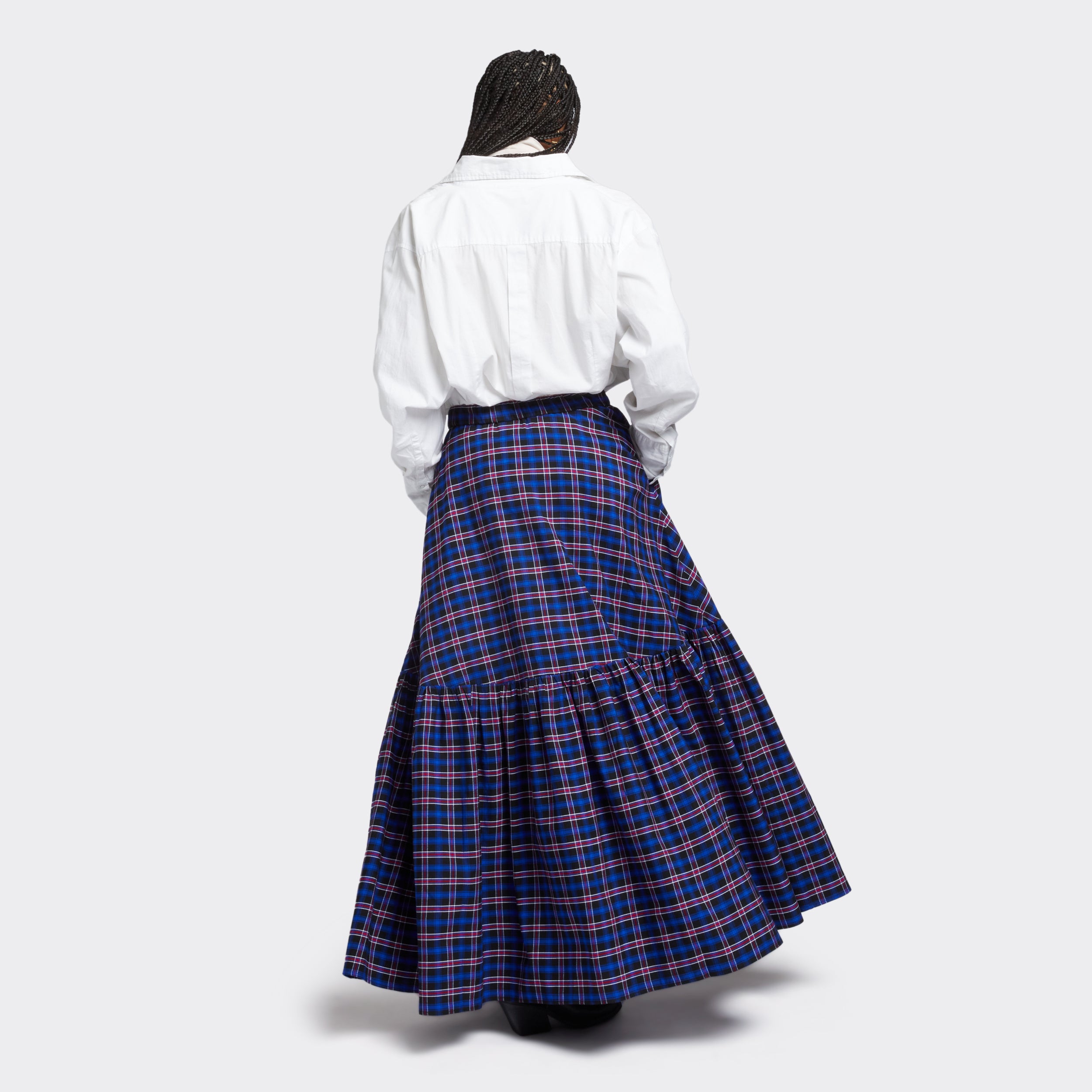 Flounced Maxi Skirt In Maasai Check Blue Bayou