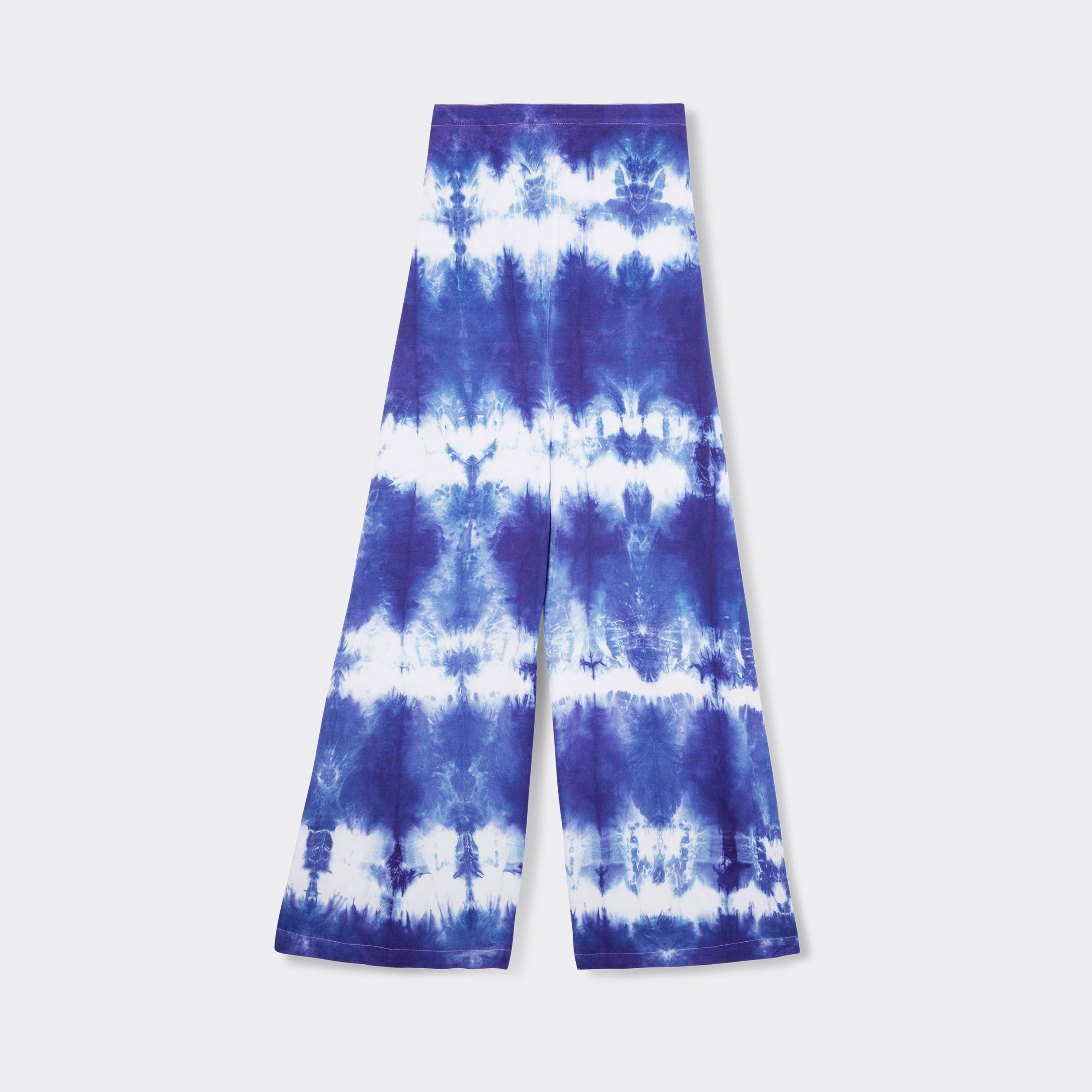 Still life: Wrap Trousers in Tie Dye Soft Blue.