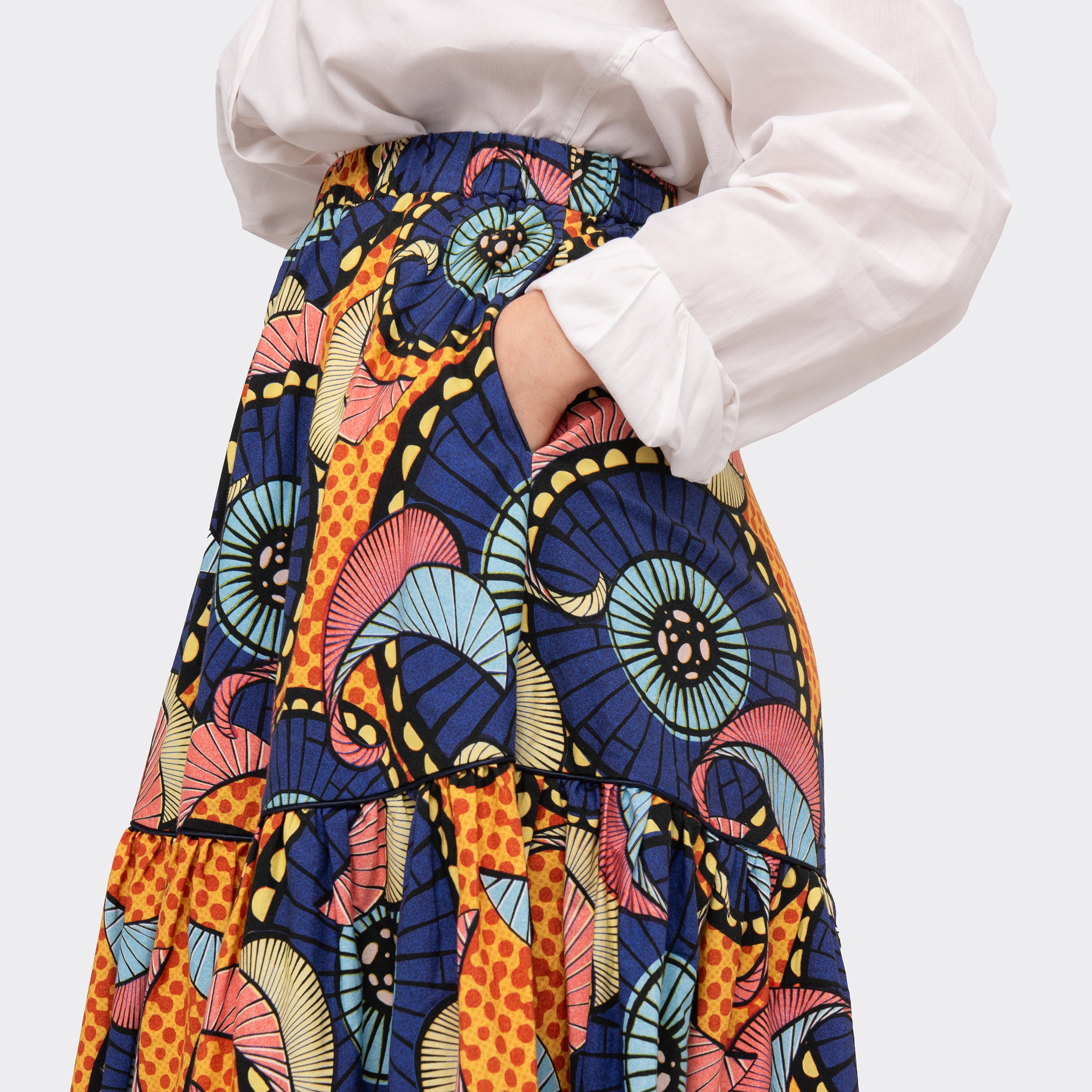Double-Flounced Maxi Skirt Orange and Blue Pinwheels