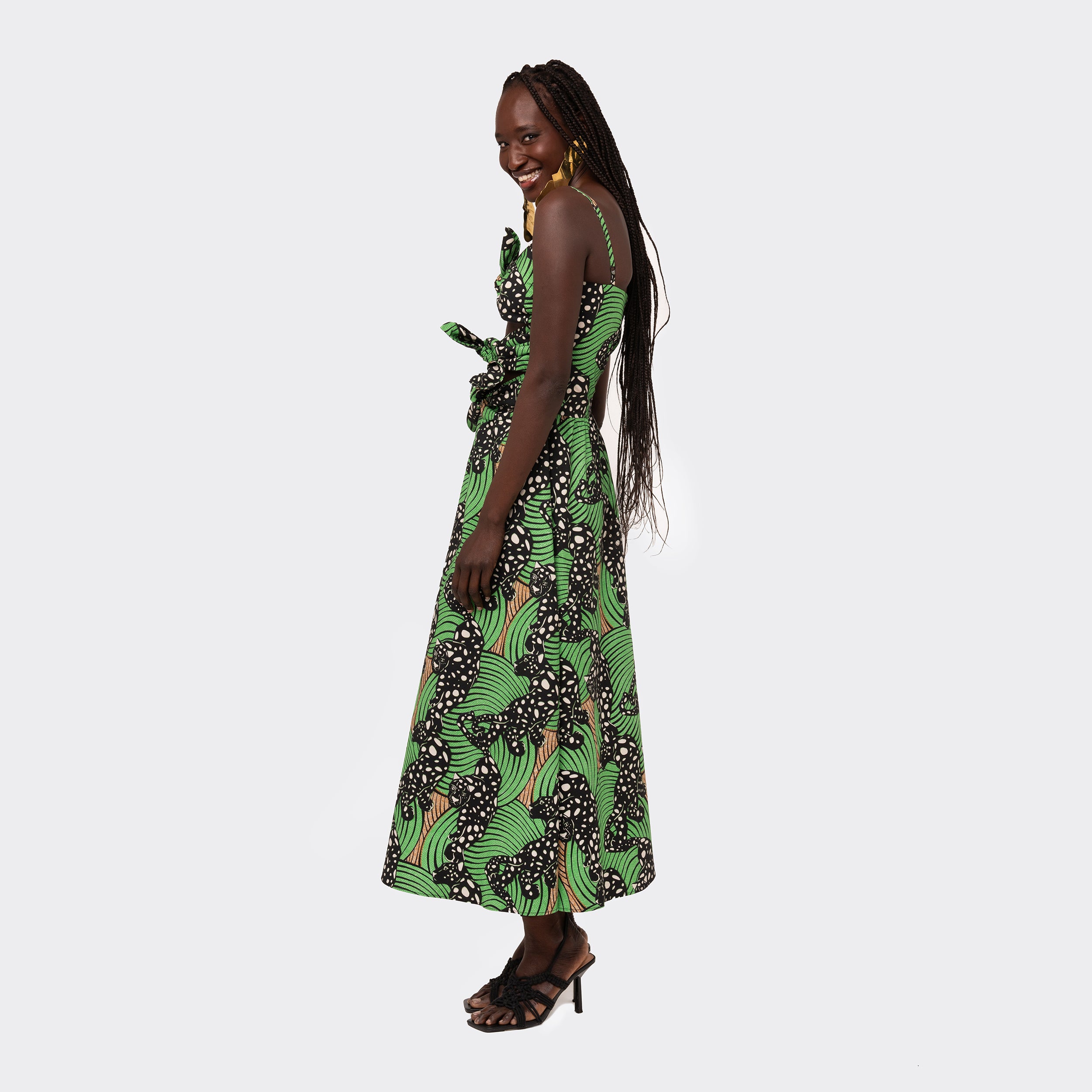 Midi Dress with Bows Green Leopard
