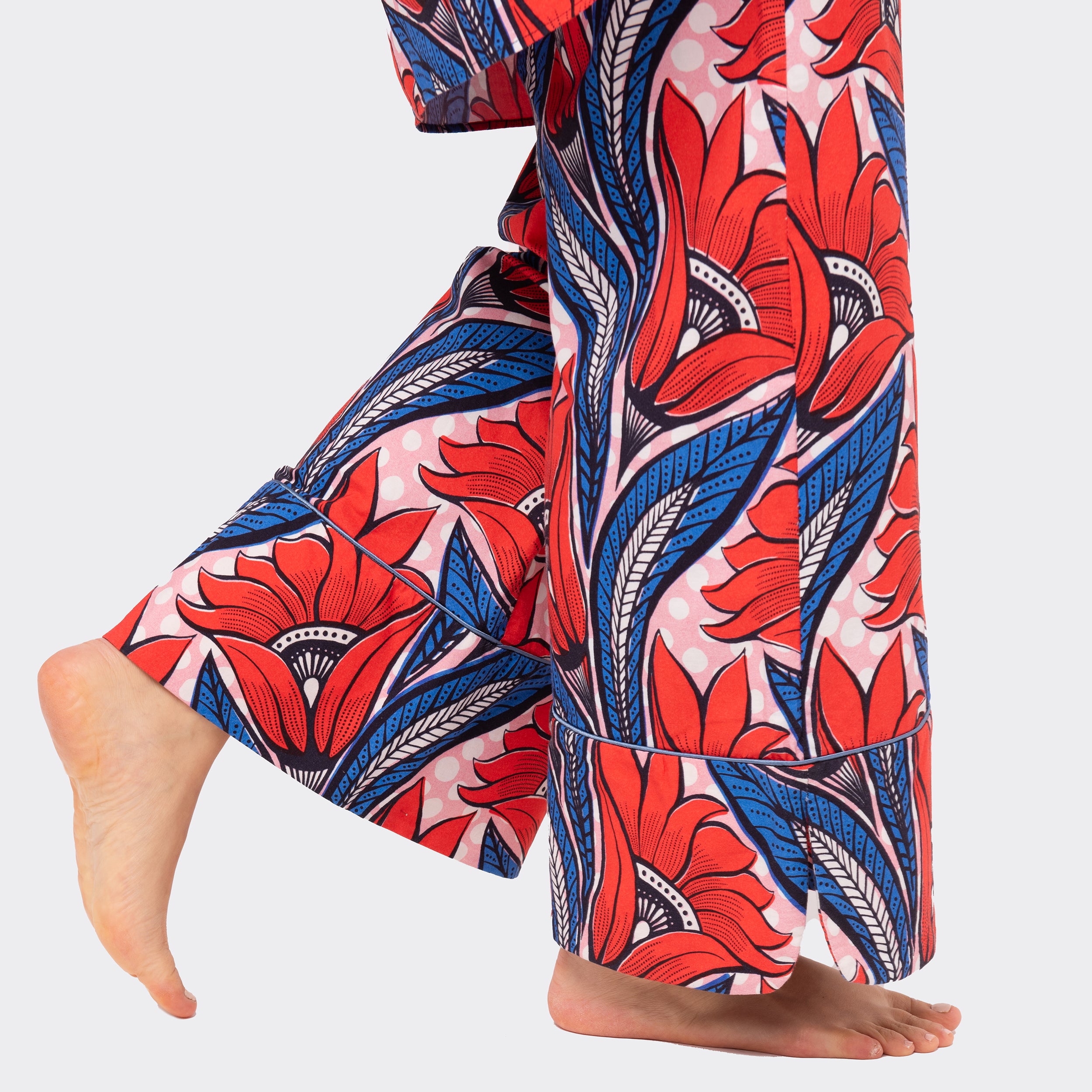 Wide Leg Trousers with Slit Red Flowers