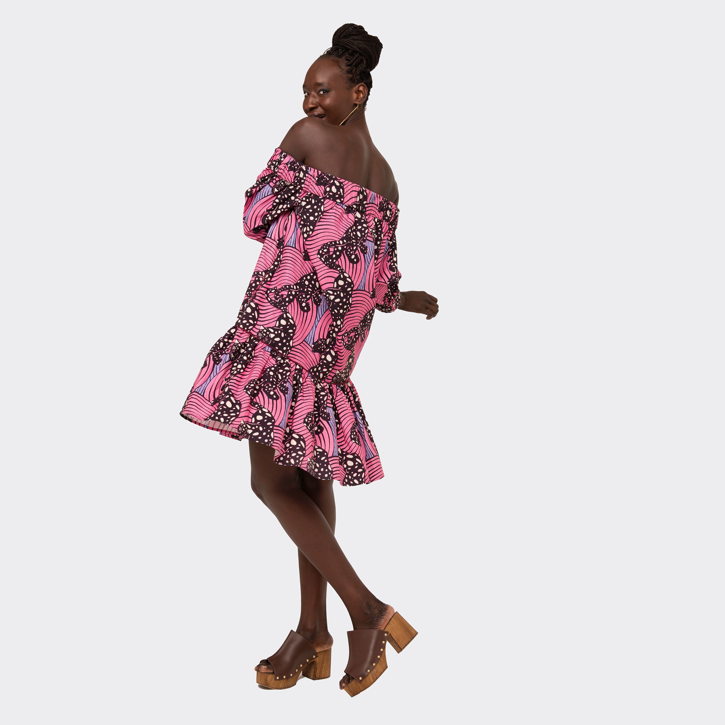 Off-the-Shoulder Short Dress Pink Leopard