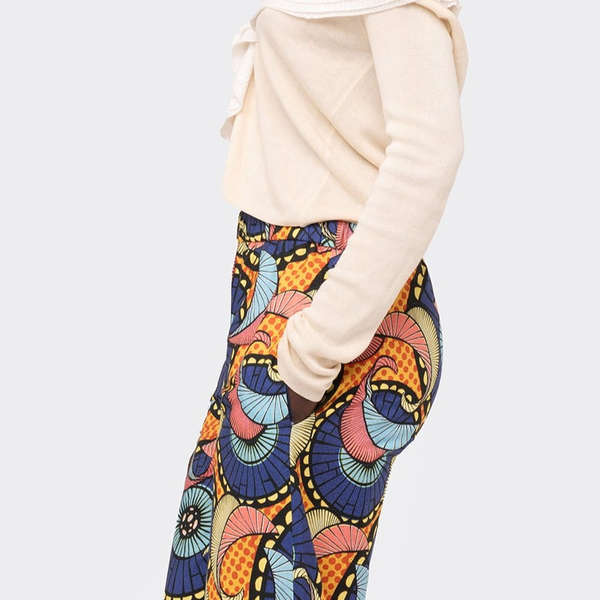 Wide Leg Trousers with Slit Orange and Blue Pinwheels