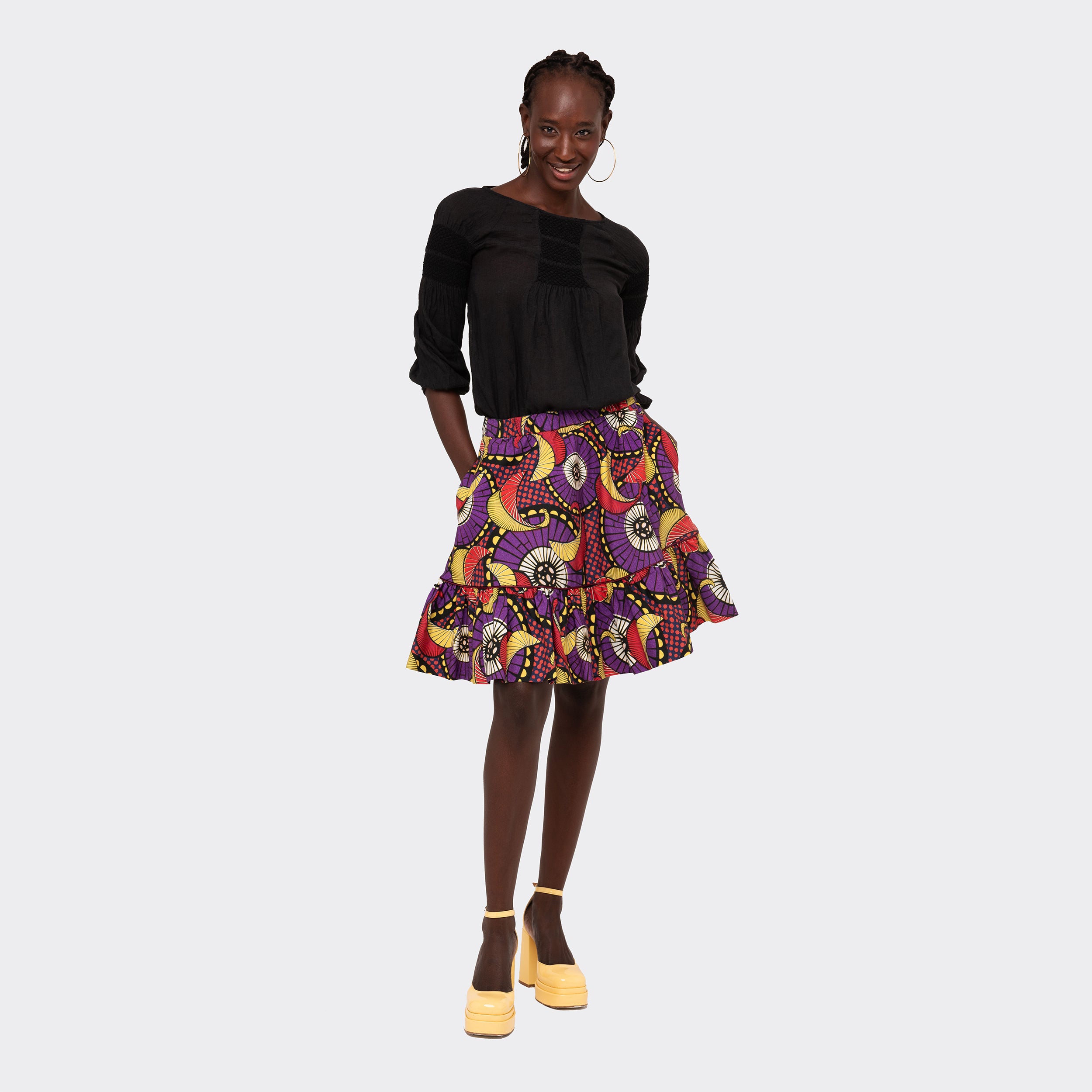 Short Flounced Maxi Skirt Yellow and Purple Pinwheels