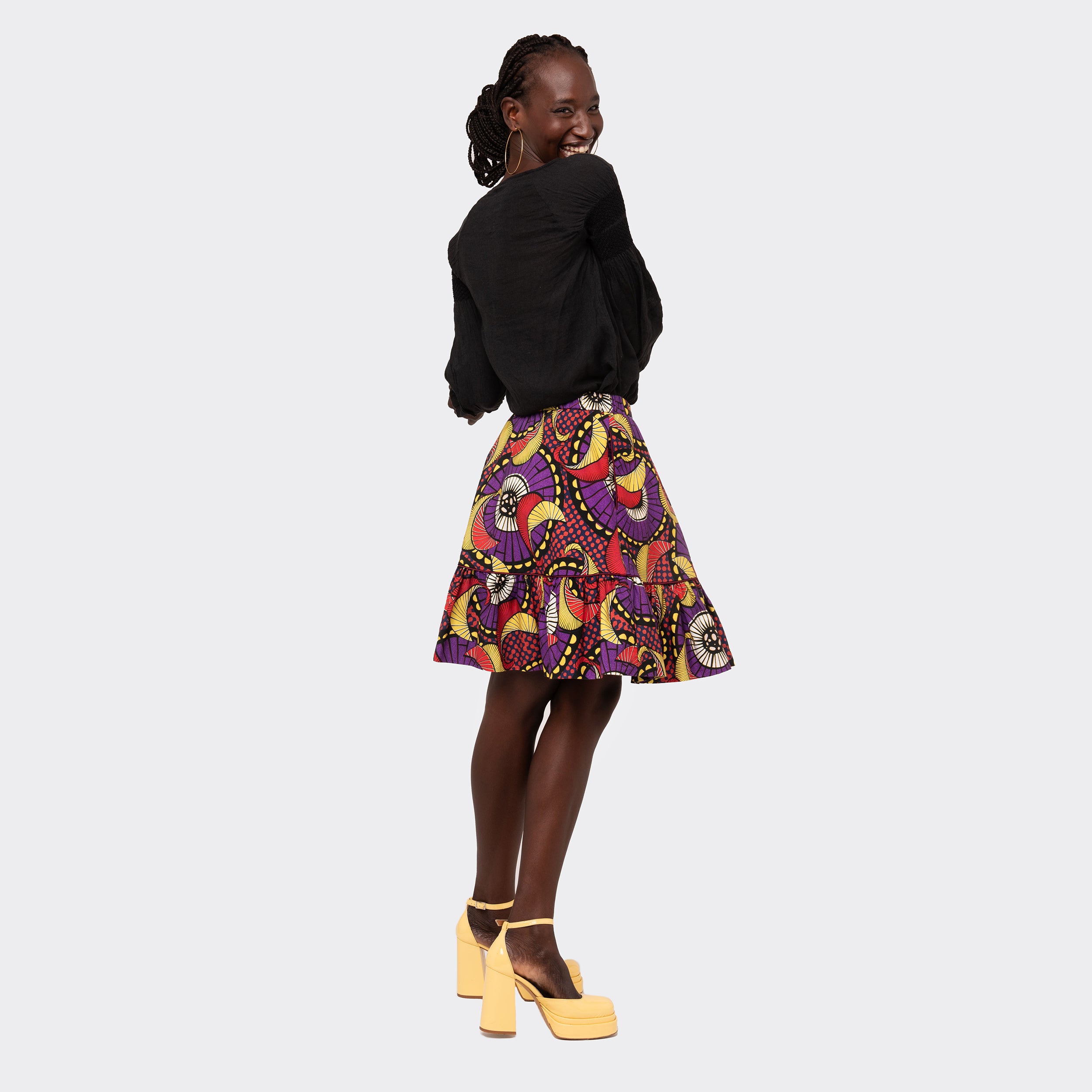 Short Flounced Maxi Skirt Yellow and Purple Pinwheels