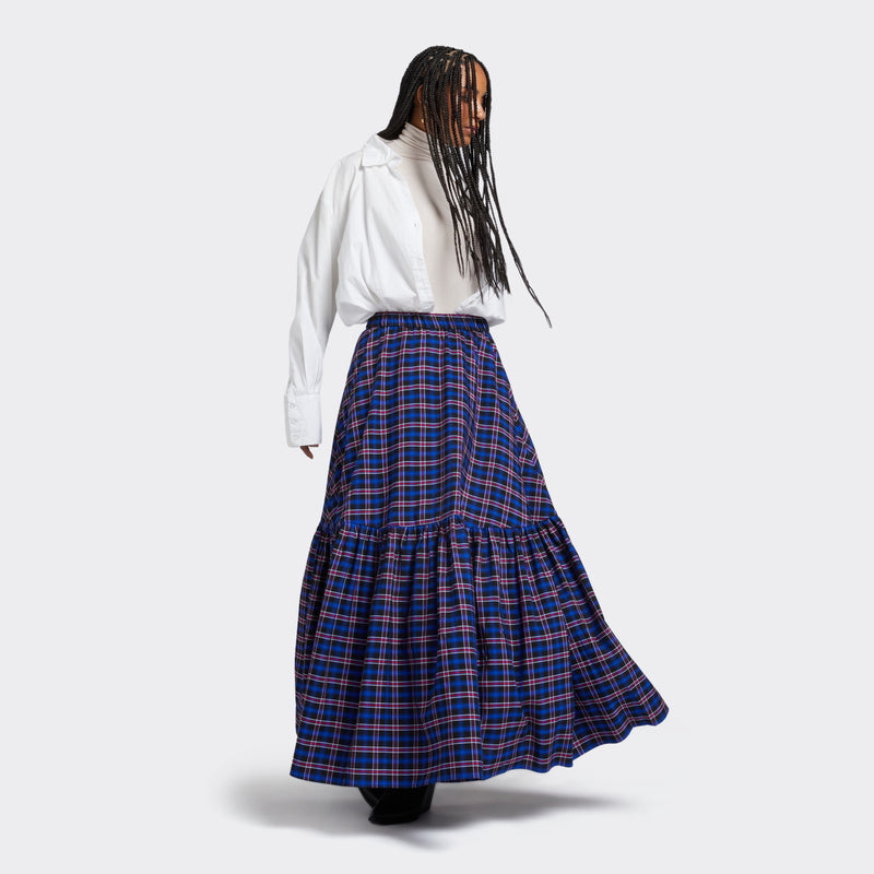 Flounced Maxi Skirt In Maasai Check Blue Bayou
