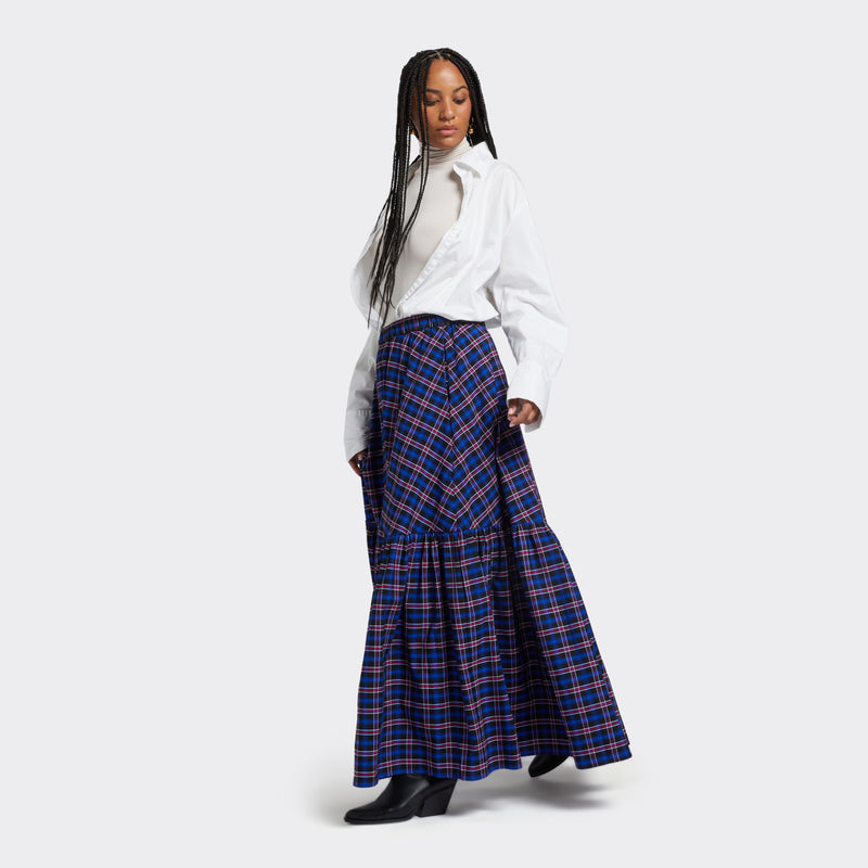 Flounced Maxi Skirt In Maasai Check Blue Bayou