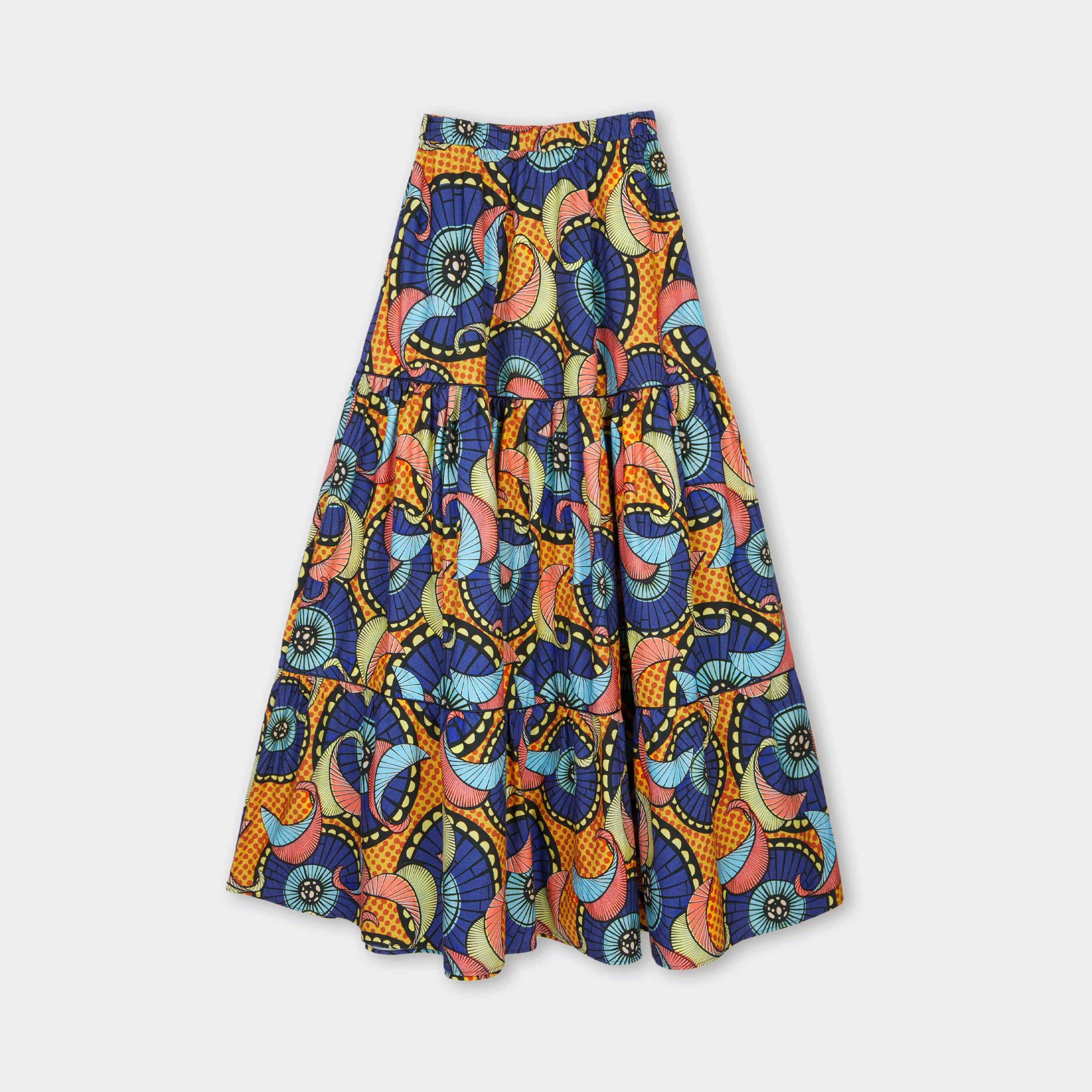 Double-Flounced Maxi Skirt Orange and Blue Pinwheels