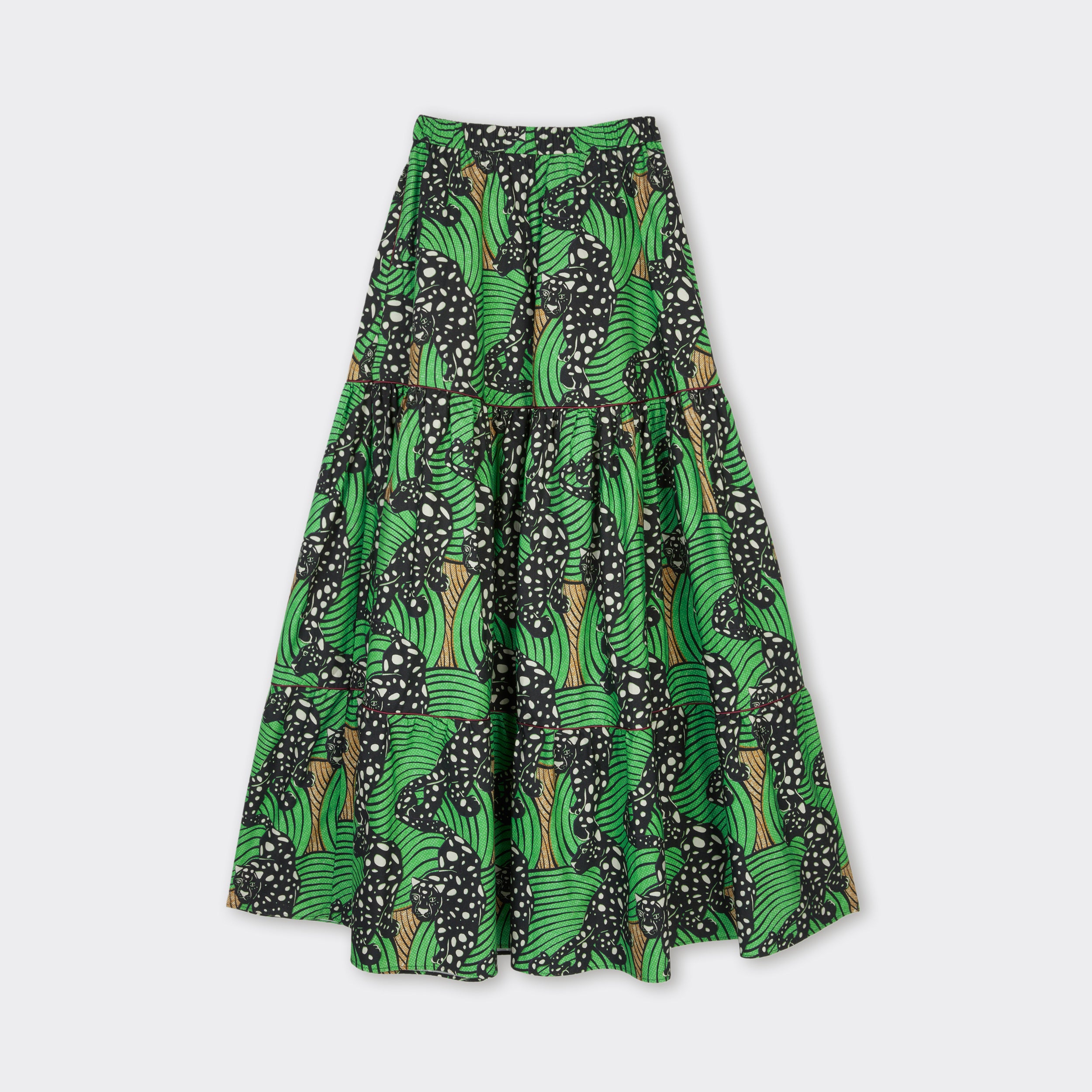 Double-Flounced Maxi Skirt in Green Leopard