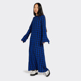 Long blue dress in Maasai fabric with black checks on model