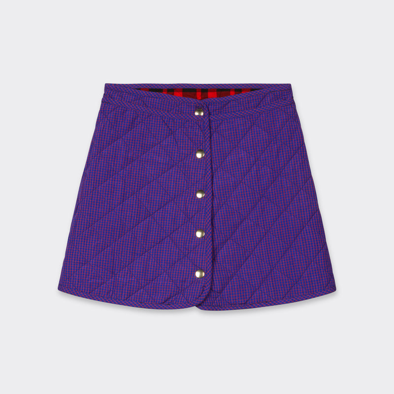 reversible padded miniskirt in maasai fabric on the purple side with micro checks