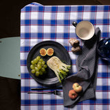 Table set with Maasai checkered tablecloth in blue&white and pair of Maasai checkered napkins