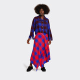 Red&Blue skirt with fringes in Maasai Shuka fabric with golden snap buttons on model 