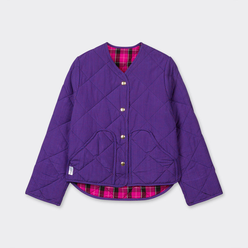 Reversible quilted jacket in pink checked Maasai fabric  on the purple side