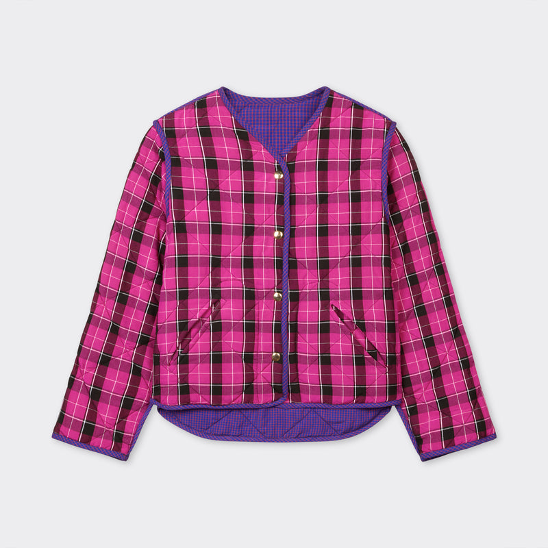 Reversible quilted jacket in pink checked Maasai fabric 