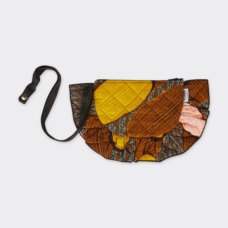 Ruffled & Quilted clutch bag in upcycled brown African wax fabric 