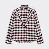 White shirt with ruffles on the front in maasai fabric with black checks