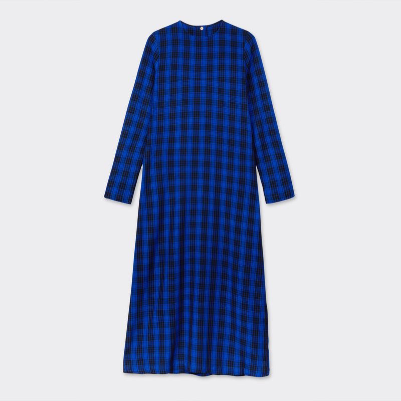 Long blue dress in Maasai fabric with black checks