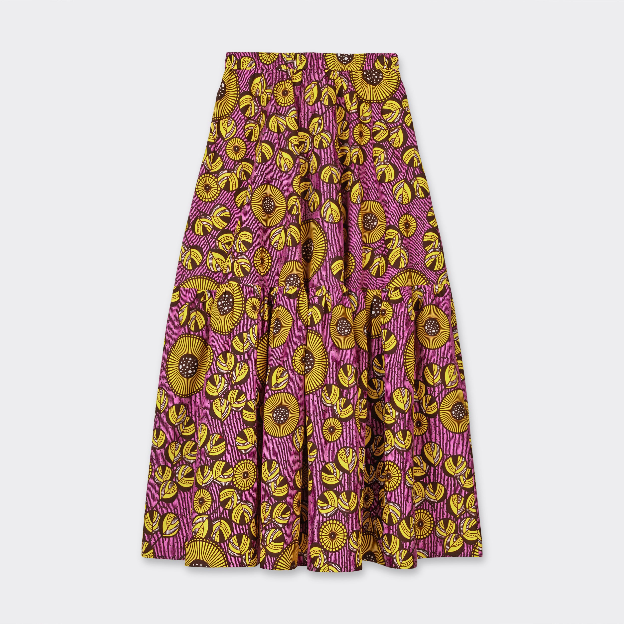 Maxi skirt with lilac flounces with yellow flowers in African wax fabric 