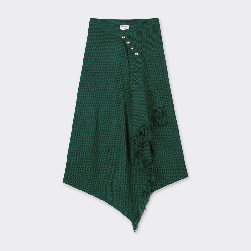 Green skirt with fringes in Maasai Shuka fabric with golden snap buttons 