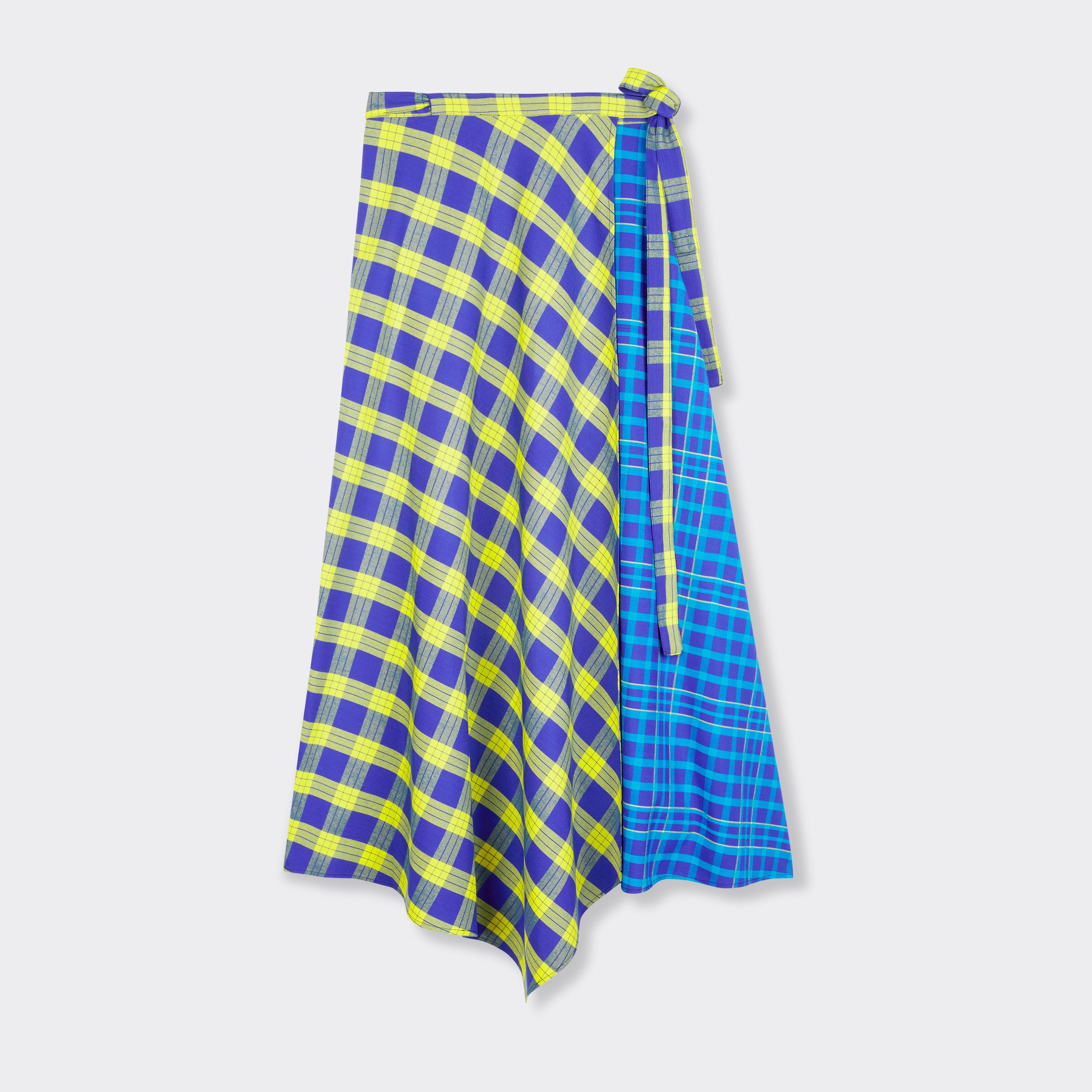 Still life:  Maasai Check wrap skirt in blue and yellow