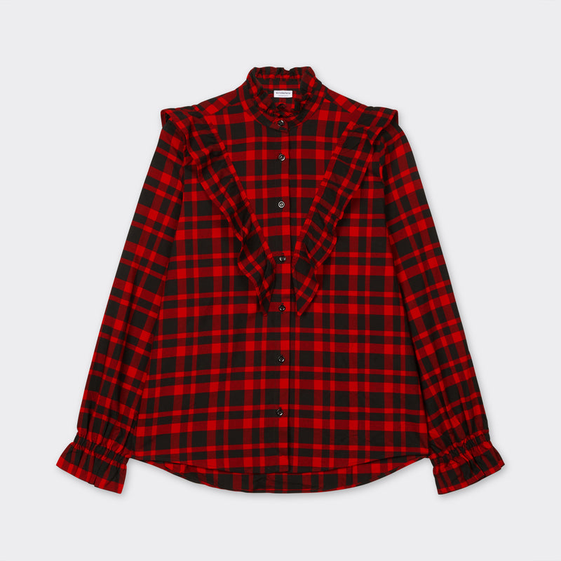 Black shirt with ruffles on the front in maasai fabric with red checks 