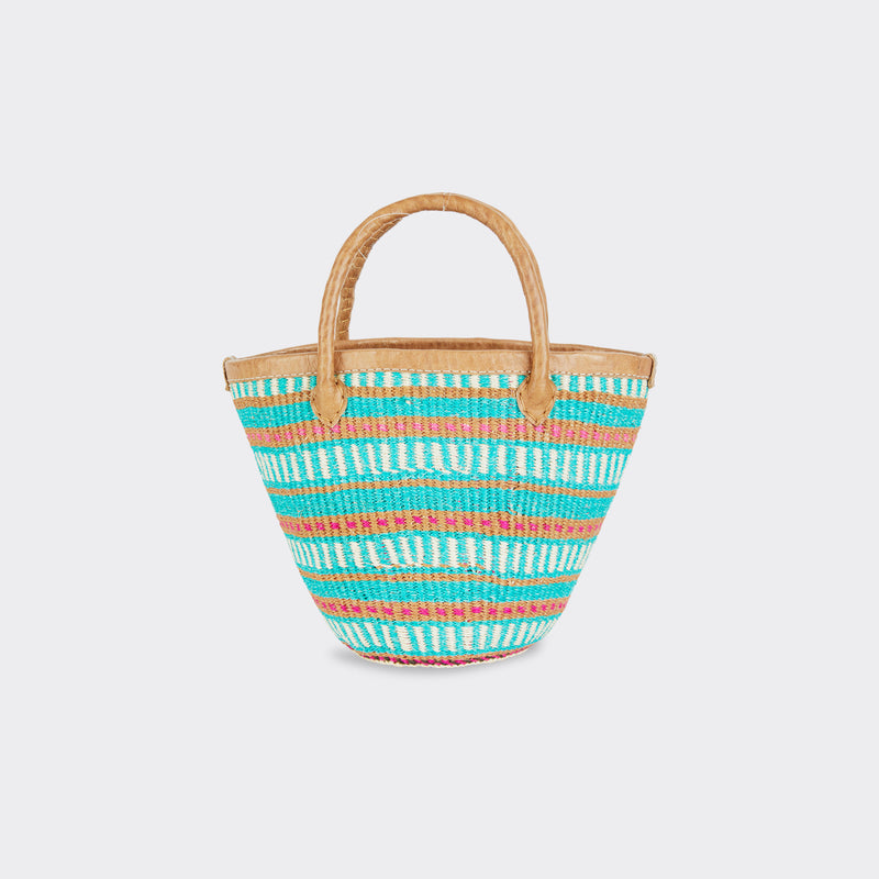 Still life: Mini Shopping Bag in Sisal Turquoise with colors turquoise and brown.