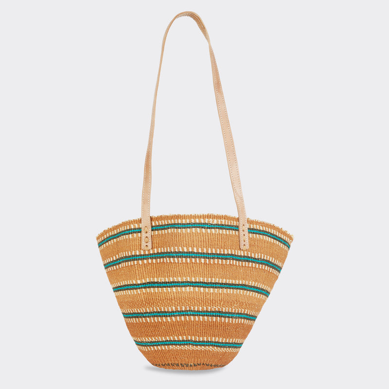 Still life: Shopping Bag in Sisal Turquoise Stripes with the colors turquoise and brown.