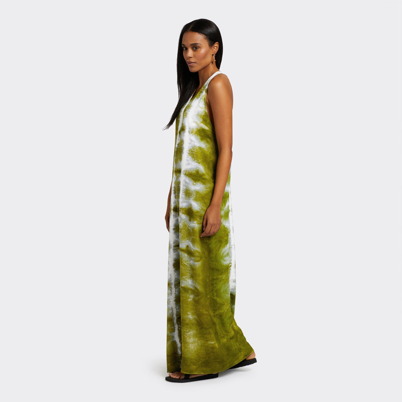 Model wears Long Dress in Tie Dye Intense Green.