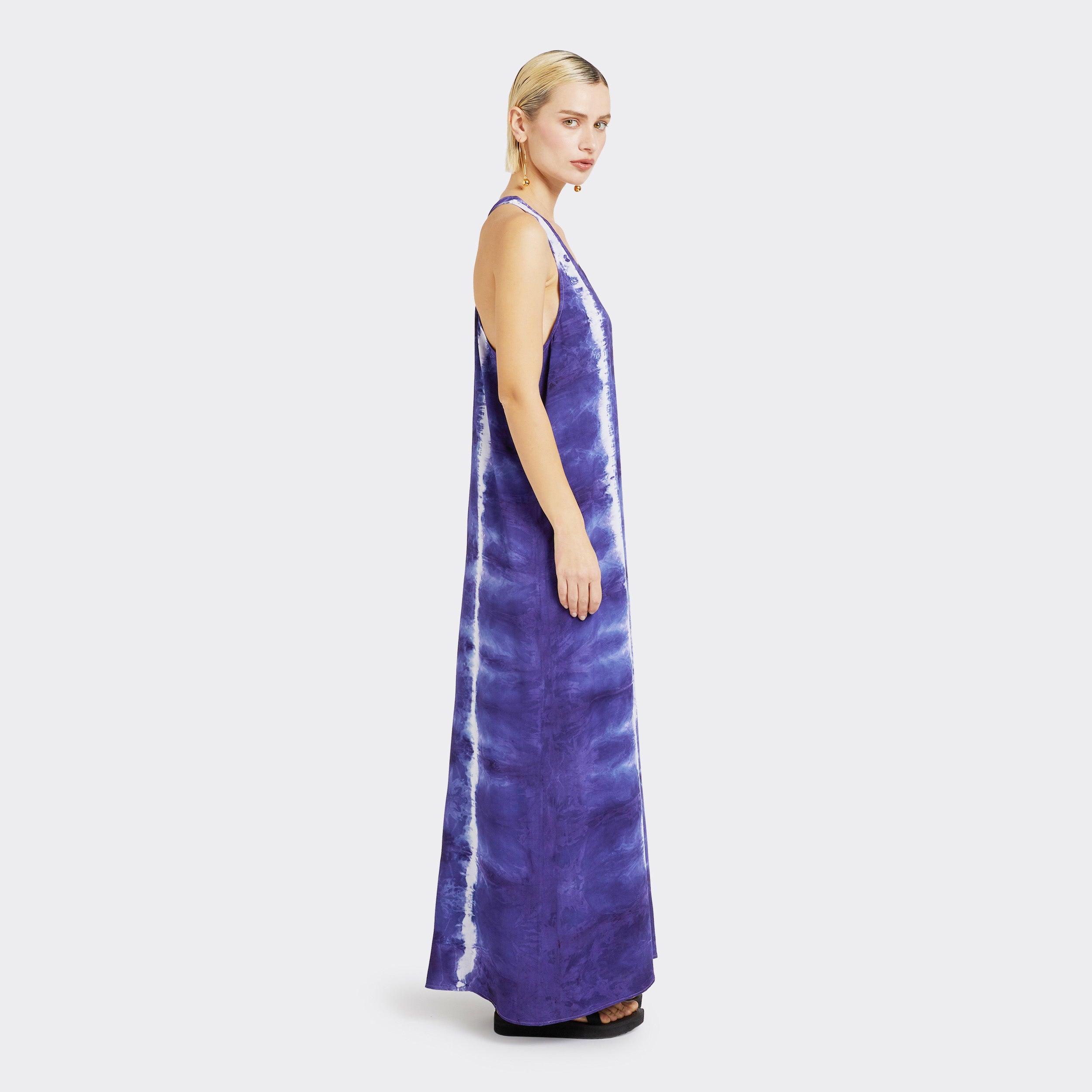 Model wears Long Dress in Tie Dye Soft Blue.