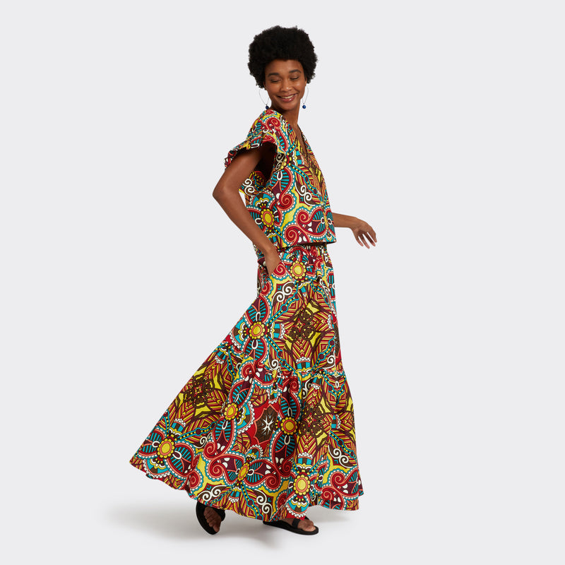 Flounced Maxi Skirt in Wax African Dream