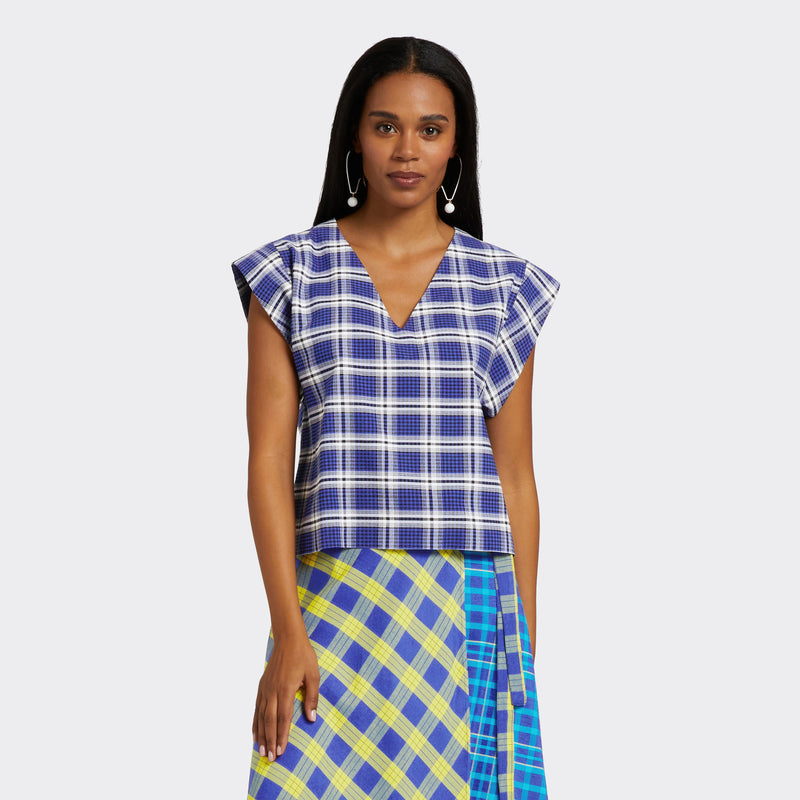 V-neck top in Maasai Check Blue & White