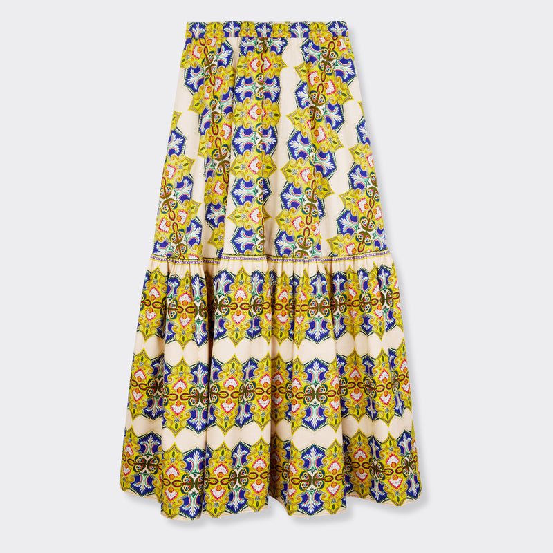 Still life: Flounced Maxi Skirt in Wax Magic Mosaic with colors yellow and blue 