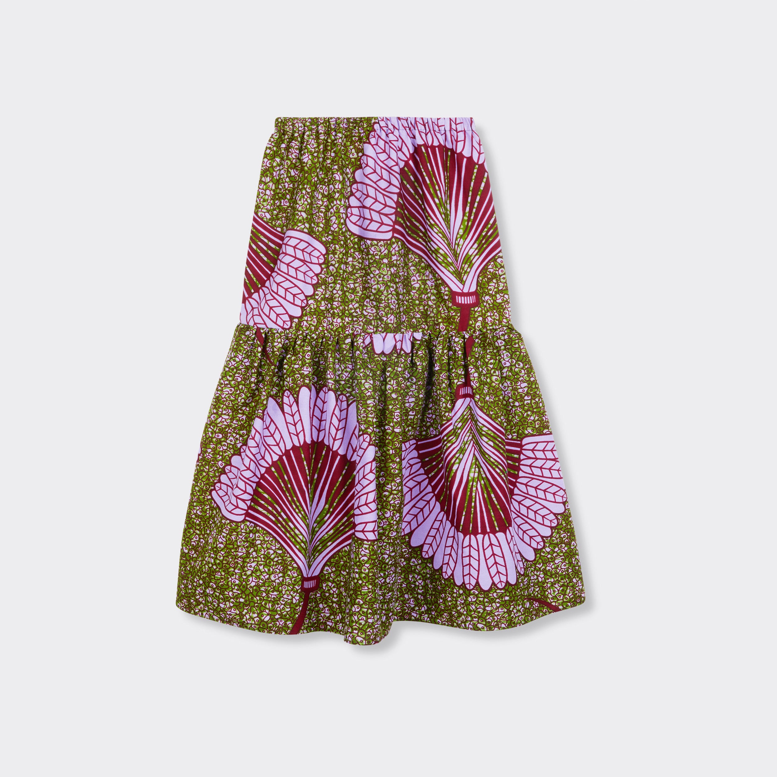 Still life: Flounced Maxi Skirt Baby in Wax Purple Feathers with colors purple and green.