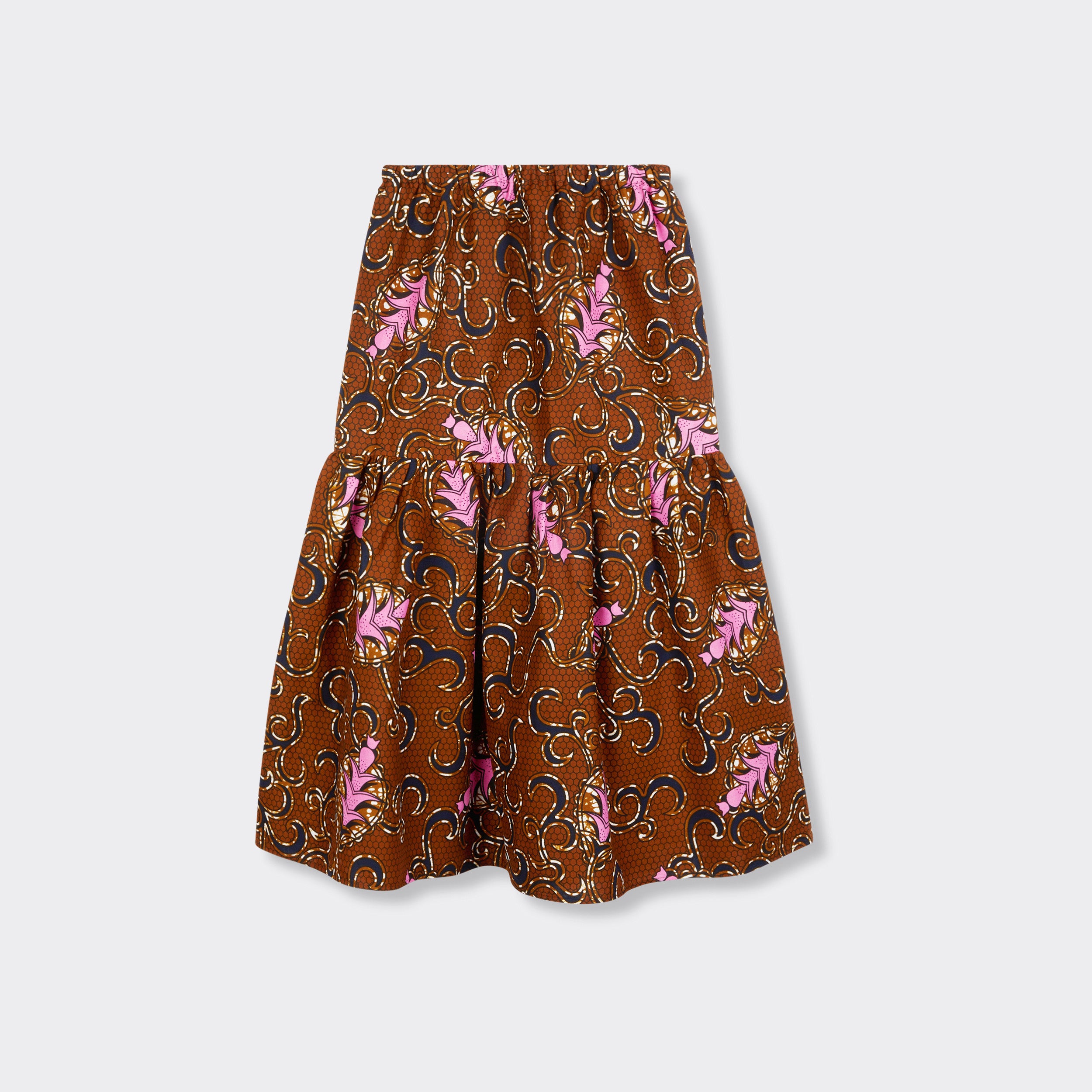 Still life: Flounced Maxi Skirt Baby in Wax Tumeric with colors brown and pink