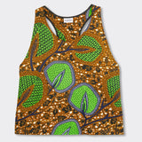 Still life: Sleeveless Top in Wax Hidden Garden with color green and brown.