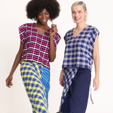 V-neck top in Maasai Check Blue & White